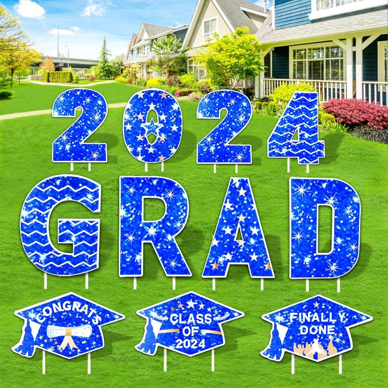 Photo 1 of 2024 Grad Yard Signs, 11pcs Graduation Yard Signs, Congrats Graduation Lawn Signs with 22 Stakes For Outdoor, Graduation Party Supplies Grad Yard Sign, Graduation Yard Sign 2024 Blue White
