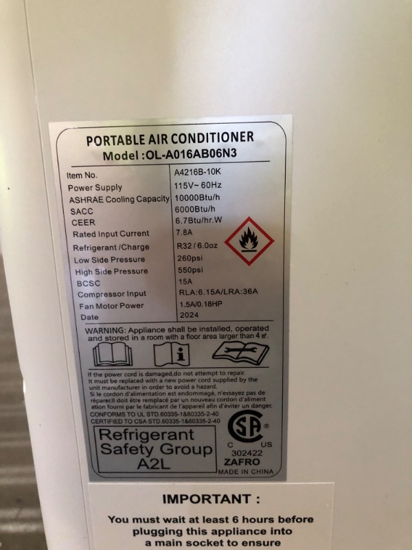 Photo 6 of ***USED - POWERS ON - UNABLE TO TEST FURTHER - NO PACKAGING - SEE PICTURES***
10,000 BTU Portable Air Conditioners A4216B-10K, White