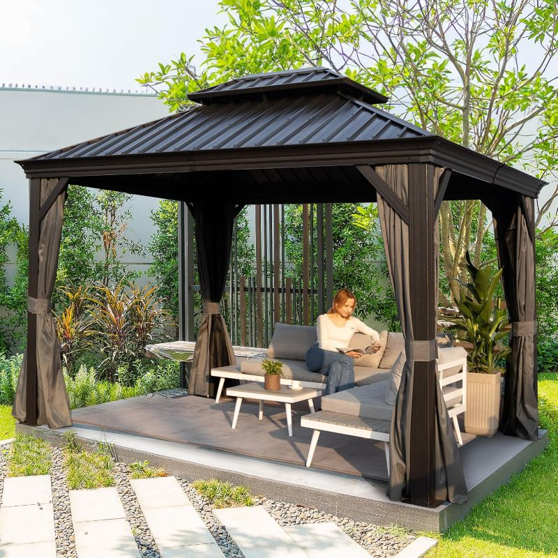 Photo 1 of 10' x 12' Hardtop Gazebo, Metal Gazebo with Aluminum Frame, Double Galvanized Steel Roof, Curtains and Netting Included, Pergolas for Patios, Garden, Parties, Lawns
