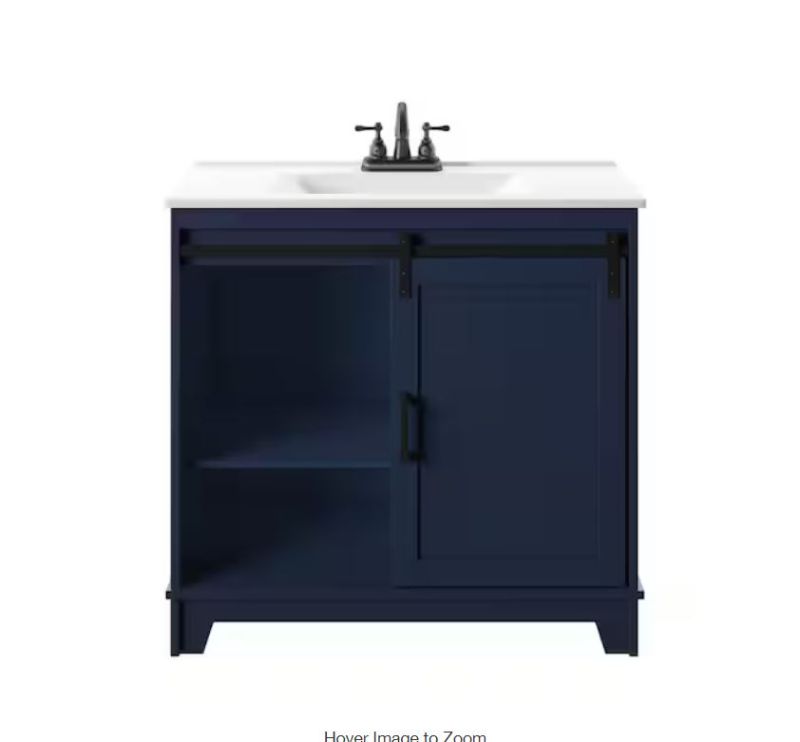 Photo 1 of 36 in. W x 18 in. D x 34 in. H Barn Door Single Bathroom Vanity Side Cabinet in Insignia Blue with White Marble Top
