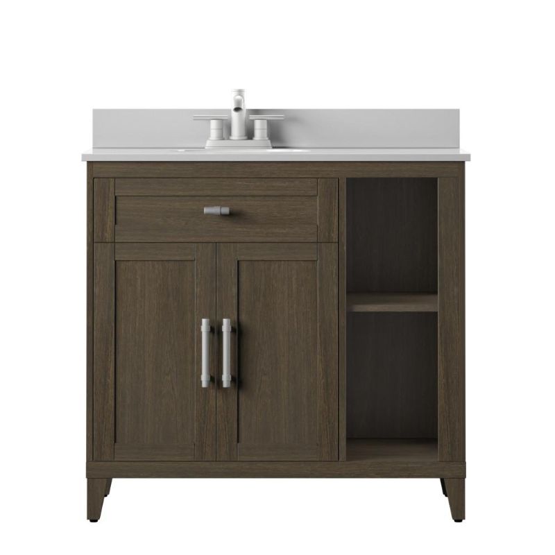 Photo 1 of 36 in. W X 20 in. D Bath Vanity in Stromburg Oak with Stone Top in White with White Basin
