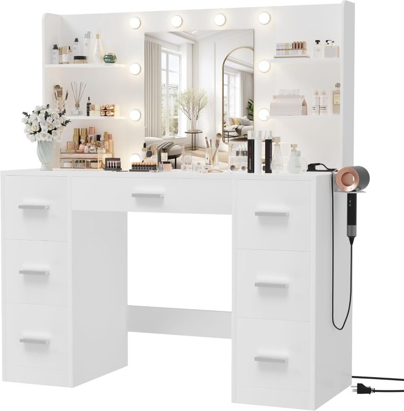 Photo 1 of ***NONREFUNDABLE - THIS SALE FINAL -  PARTIAL SET - PARTS ONLY - SEE COMMENTS***
Furmax Vanity Desk with Mirror, LED Lights and Power Outlet Makeup Vanity Table with 7 Drawers and 6 Storage Shelves Dressing Table for Bedroom Dressing Room (White)