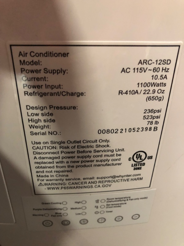 Photo 9 of ***USED - NO PACKAGING - UNTESTED - SEE COMMENTS***
Whynter ARC-12SD 12,000 BTU (6,936 BTU SACC) Dual Hose Cooling Portable Air Conditioner, Dehumidifier, and Fan with Storage bag, up to 400 sq ft in White