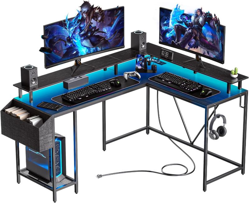 Photo 1 of *****STOCK IMAGE FOR SAMPLE*****
L Shaped Gaming Desk with Power Outlets & LED Lights, Computer Desk with Monitor Stand & Storage Shelf, Home Office Desk Corner Desk with Hooks, Easy to Assemble,  rustic brown