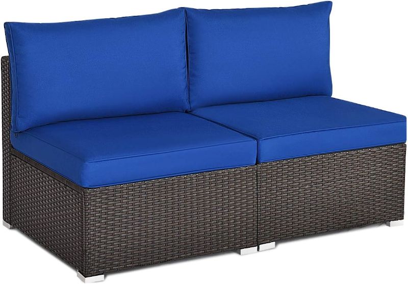 Photo 1 of **SSEE NOTES // SIMILAR TO STOCK PHOTO** Tangkula 2 PCS Outdoor Wicker Armless Sofa, Patio Rattan Sectional Sofa Set w/2 Thick Seat Cushions and 2 Back Cushions, Additional Seats for Balcony Garden Patio Poolside (Navy Blue)