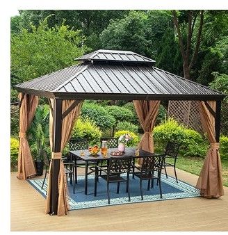 Photo 1 of **PARTIAL SET // MISSING PIECES** PHI VILLA 10' X 12' Outdoor Hardtop Gazebo on Clearance, Double Roof Gazebo with Curtains and Netting, Permanent Pavilion Gazebo with Aluminum Frame for Patios, Gardens, Lawns(Brown)
