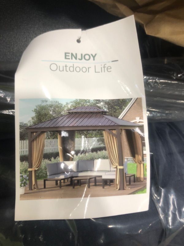 Photo 3 of **PARTIAL SET // MISSING PIECES** PHI VILLA 10' X 12' Outdoor Hardtop Gazebo on Clearance, Double Roof Gazebo with Curtains and Netting, Permanent Pavilion Gazebo with Aluminum Frame for Patios, Gardens, Lawns(Brown)
