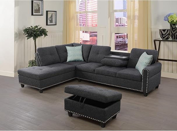 Photo 1 of *** Missing one Box out of three *** Devion Furniture Polyester Fabric Sectional Sofa with Lift-top Storage Ottoman, Tufted Design, in Dark Gray Finish
