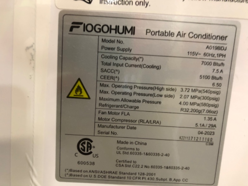 Photo 3 of * SEE NOTES* 5100BTU(7000BTU ASHRAE) Portable Air Conditioner-Portable AC Unit with Remote Control for Room up to 250 sq.ft.
