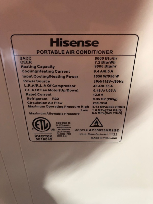 Photo 8 of ***USED AND DIRTY - POWERS ON - UNABLE TO TEST FURTHER - LIKELY MISSING PARTS - SEE PICTURES***
Hisense Smart SACC 8,000 BTU Dual Hose Portable Air Conditioner with Heat Pump, 4-modes (Cool, Heat, Fan, Dehumidifier) WiFi, Remote, Up to 550 sq. ft., AP5502