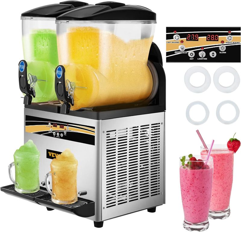 Photo 1 of *****HEAVILY USED , UNKNOWN IF MISSING ANY COMPONENTS, POWERS ON, PARTS ONLY ***** VEVOR Commercial Slushy Machine, 15Lx2 Tank Margarita Maker, 1000W Stainless Steel Smoothie Frozen Drink Maker for Supermarkets Cafés Restaurants Bars Home Use
