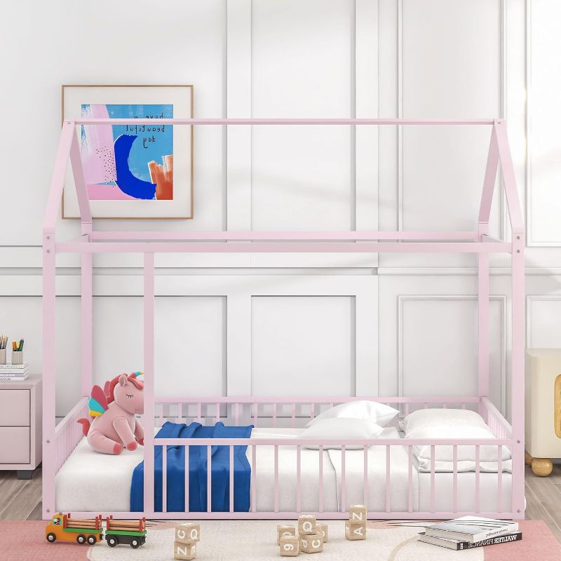 Photo 1 of ***USED - LIKELY MISSING PARTS - UNABLE TO VERIFY FUNCTIONALITY***
Harper & Bright Designs Full House Bed with Rails, Metal Full Floor Bed for Kids, Full Size Montessori Bed Frame with Roof, Kids Full Playhouse Beds for Boys Girls(Pink)