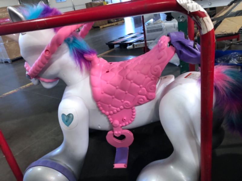 Photo 3 of ***HEAVILY USED - MISSING PARTS - DAMAGED - SEE PICTURES - UNABLE TO TEST***
Kid Trax Toddler/Kids Rideamal Unicorn 12 Volt Ride On Toy, Max Rider Weight of 70lbs, Interactive, Responds with Movement, Lights, and Sound, Accessories Included , White