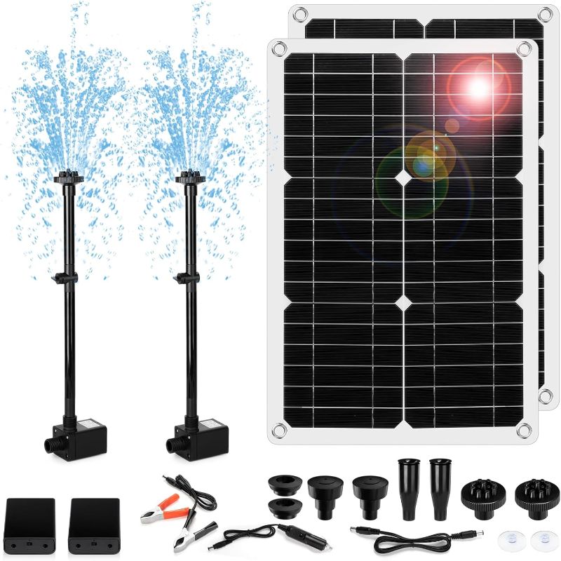 Photo 1 of 2 Set Solar Fountain Water Pump Kit with Battery Box 20 Watt Solar Panel and 410GPH Submersible Powered Pump Solar Pond Pump for Small Pond, Fish Pond, Garden Decoration, Pool, Birdbath