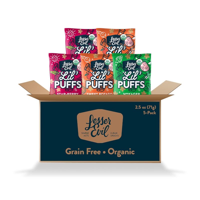 Photo 1 of ***EXPIRES SEPTEMBER 20 - SEE PICTURES***NONREFUNDABLE **
LesserEvil Lil' Puffs Variety Pack, Contains 2 Sweet Potato Apple, 3 Strawberry Beet, Organic Snacks for Kids, Rice-Free, 0g Sugar Per Serving, 2.5 Oz, (Pack of 5) **