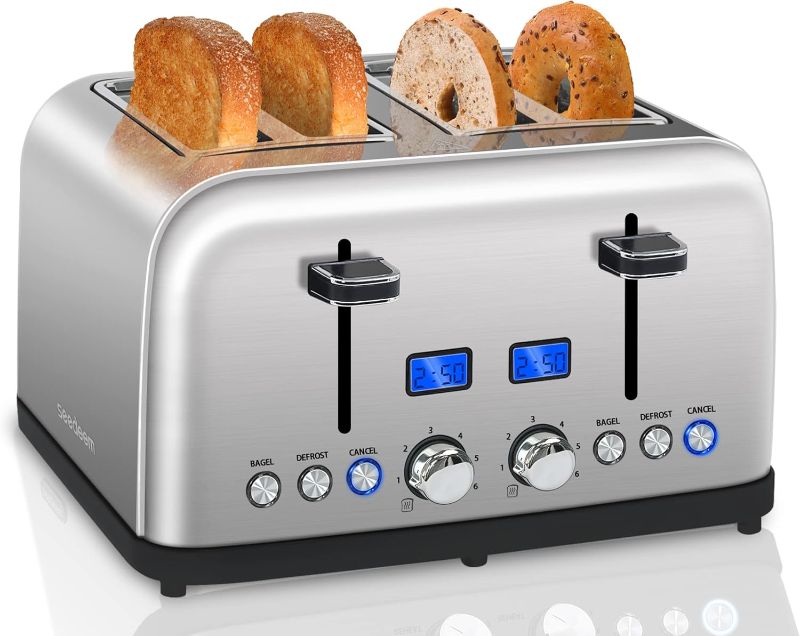 Photo 1 of  Toaster 4 Slice, LCD Display, 6 Shade Settings Stainless Toaster, 1.5'' Wide Slots, Digital Toaster for Bagel, Defrost, Reheat, Dual Control, Removable Crumb Tray, 1500W, Silver Metallic
