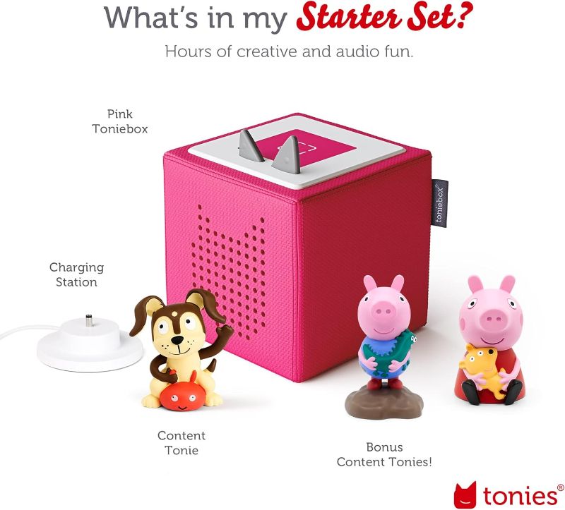 Photo 4 of (READ FULL POST) Toniebox Audio Player Starter Set with Peppa Pig, George, and Playtime Puppy - Listen, Learn, and Play with One Huggable Little Box - Pink