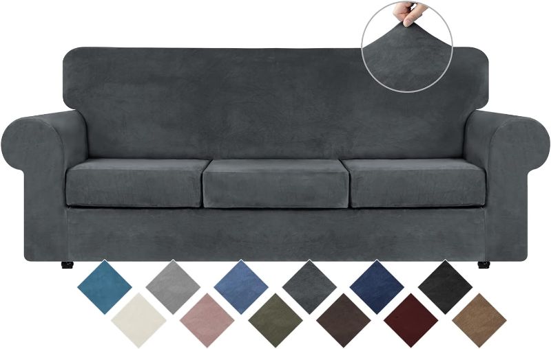 Photo 1 of  Velvet High Stretch Couch Covers for 3 Cushion Sofa Slipcovers, Washable Furniture Protector with Non Slip Elastic Bottom, Feature Soft and Thick Plush Fabric, Dark Grey, Large