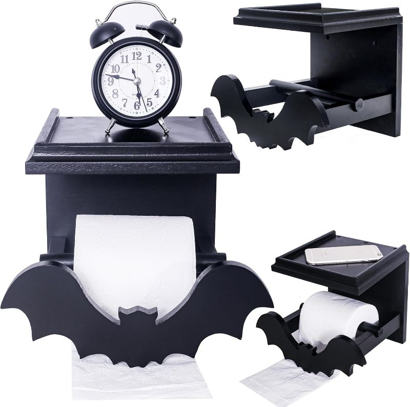 Photo 1 of (READ FULL POST) Bat Toilet Paper Holder with Shelf - Unique Gothic Bathroom Decor Wall Mount for Oddities and Curiosities -Spooky Halloween Decor Black Wood Paper Roll Holder - Witchy Gifts for Women