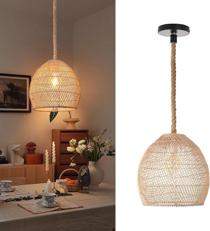 Photo 1 of Arturesthome Mini Natural Rattan Pendant Light for Kitchen Island, Woven Lamp Shade Chandelier, Handmade Hanging Ceiling Light Lampshade, Rope Lamp (25cmx25cm)
