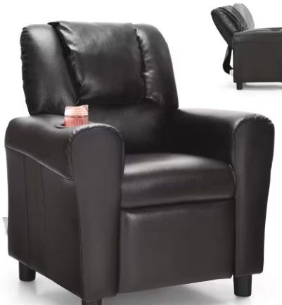 Photo 1 of (used) Costway Brown Faux Leather Upholstery Kids Recliner Couch Chair with Cup Holder Black