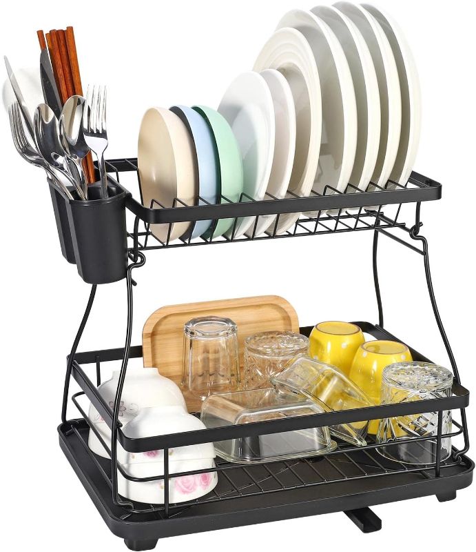 Photo 1 of (reference photo) (one tier only) Vinsani Black Dish Drainer Rack 2 Tier Modern Detachable Drying Rack with Auto Drainage System Drip Tray Board Removable Cutlery Holder, Minimalist Dish Draining Rack for Kitchen Sink Countertop