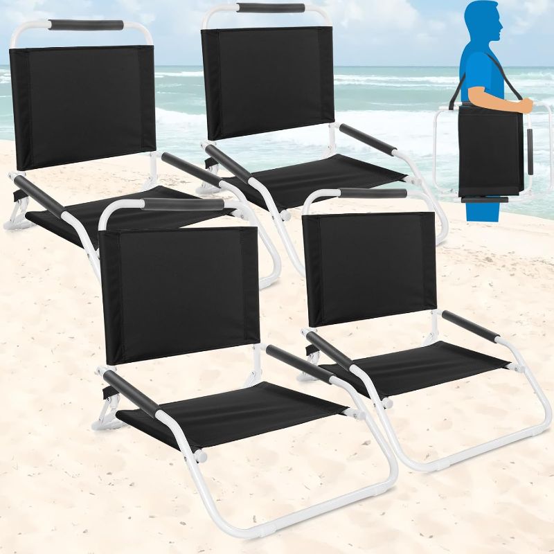 Photo 1 of **NOT EXACT SAME AS STOCK PHOTO** 4 Pcs Lightweight Foldable Beach Chair for Adults Stable Low Beach Chair Sand Chair Portable Camping Chair for Outdoor Camping Beach Picnic Support (Black, Solid Style)