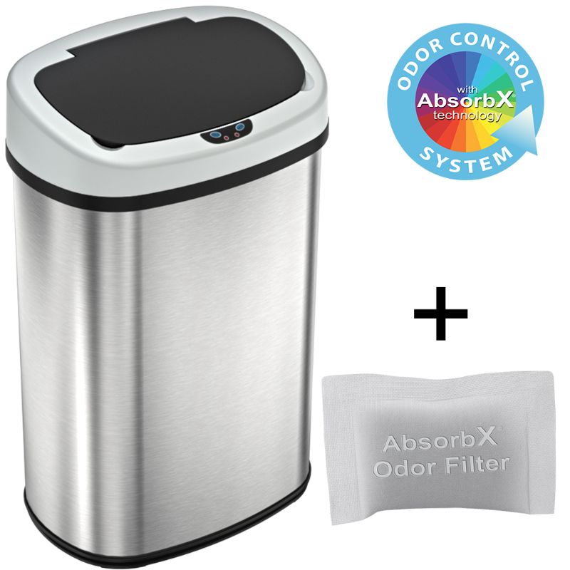 Photo 1 of 13 Gal. Stainless Steel Sensor Trash Can with AbsorbX Odor Filter, Oval Shape, Space-Saving Bin for Kitchen, Home Office
