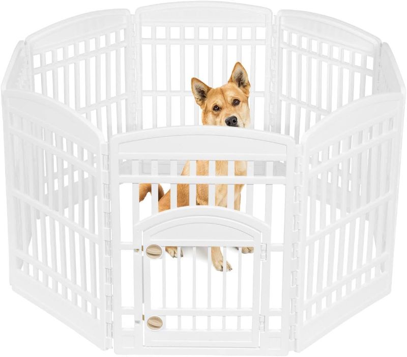 Photo 1 of (READ FULL POST) IRIS USA Dog Playpen, 8-Panel 34" Pet Playpen with Door, Indoor/Outdoor Dog Pen, 63 x 63 x 34, Foldable, Customizable, White
