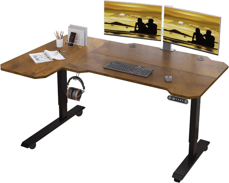 Photo 1 of Adjustable Height L-Shaped 59 Inch Electric Standing Desk - Sit Stand Computer Desk with 3 Splice Board, Lockable Casters, Stand Up Desk Table for Home Office, Black Frame and Rustic Brown Top
