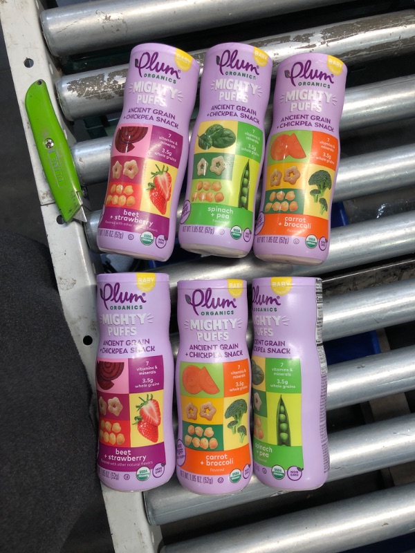 Photo 2 of **(EXP: SEP 2024)** Plum Organics Mighty Puffs Organic Baby Food - Three Flavor Variety Pack - 1.85 oz Canister (Pack of 6) - Ancient Grains and Chickpea Snacks 3 Flavor Variety Pack 1.85 Ounce (Pack of 6) sep 2024