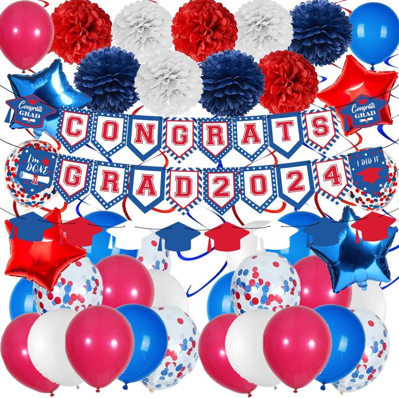 Photo 1 of 2024 Graduation Party Decorations Red Blue White Graduation Party Decorations Kit-Class of 2024 Congrats Grad Banner, Paper Pompom,Foil Balloons for 2024 Red Blue White Graduation Party Supplies
