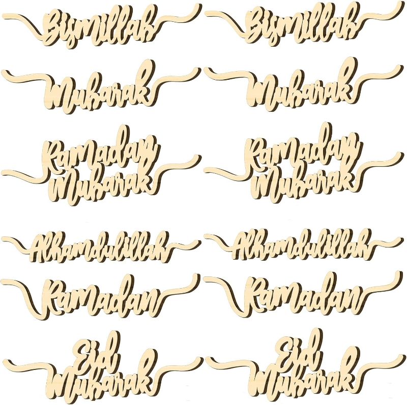 Photo 1 of 12 Pcs Ramadan Mubarak Wood Cutouts Ramadan Plate Sign Ramadan Kareem Wooden Word Cutouts Eid Mubarak Decorations for Islamic Muslim Home Table Plate Decoration (Vivid Style)