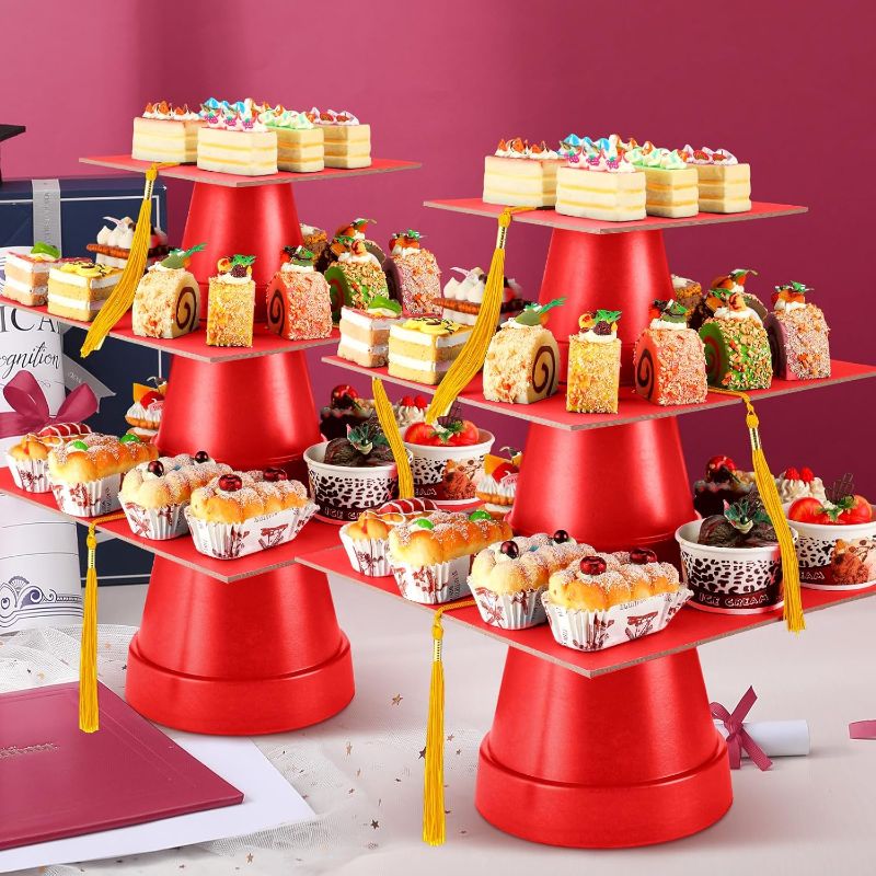 Photo 1 of 2 Set 3-Tier 2024 Plastic Graduation Cupcake Stand 19'' Graduation Cap Cupcake Stand with Tassels Cake Stand Tower for Grad Party Favors Home Table Display Class of Congrats Grad Supplies