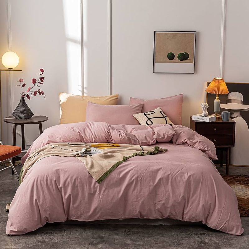 Photo 1 of Bedsure 100% Washed Cotton Duvet Cover Queen Size - Natural White Minimalist Duvet Cover for All Seasons - 3 Pieces Plain Simple Cotton Duvet Cover Set with 2 Pillow Shams (White, Queen, 90"x90") Queen (90" x 90") 01 - Natural PINK(No Comforter)