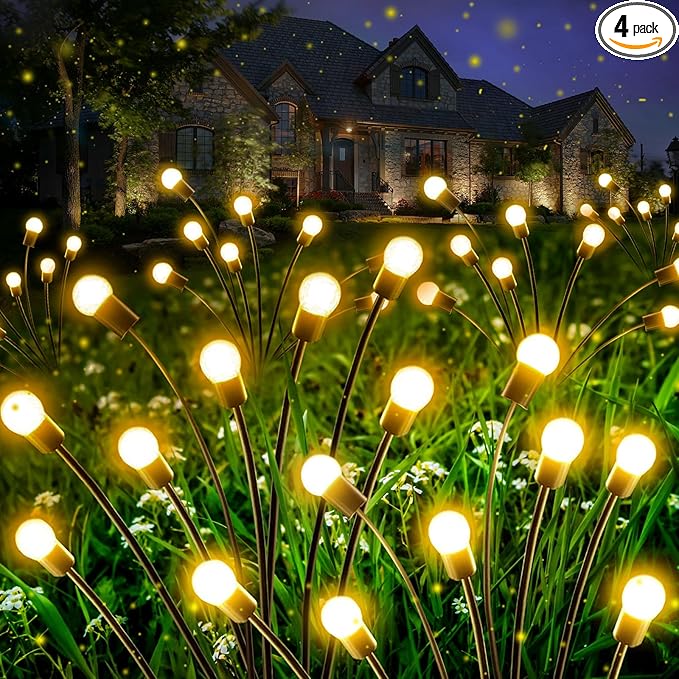 Photo 1 of 4-Pack Solar Garden Lights Outdoor, Upgraded 32 LED Firefly Solar Lights for Outside, Sway by Wind, Waterproof Solar Powered Outdoor Lights for Yard Garden Decor Party Xmas Decorations (Warm White)