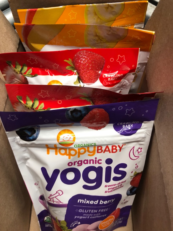 Photo 2 of **NON REFUNDABLE****PACK OF 5**
BB: 01/25  Happy Baby Organics Baby Snacks, Yogis, Freeze Dried Yogurt & Fruit Snacks, Gluten Free Snack for Babies 9+ Months, 3 Flavor Variety Pack, 1 Ounce (Total Pack of 6) Variety Pack 1 Ounce (Pack of 5)