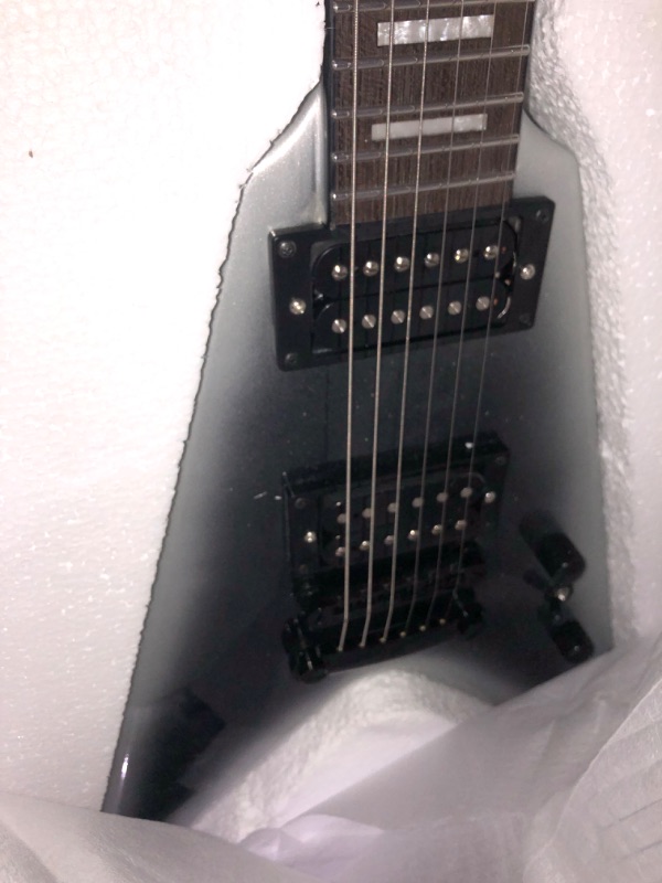 Photo 7 of ***DAMAGED - SEE PICTURES - UNABLE TO VERIFY FUNCTIONALITY***
WestCreek CERBERUS Solid Body Electric Guitar, V Heavy Metal Guitar, Right Handed, Rounded End Frets, Bone Nut, Rosewood Fretboard, Mahogany Body Silver