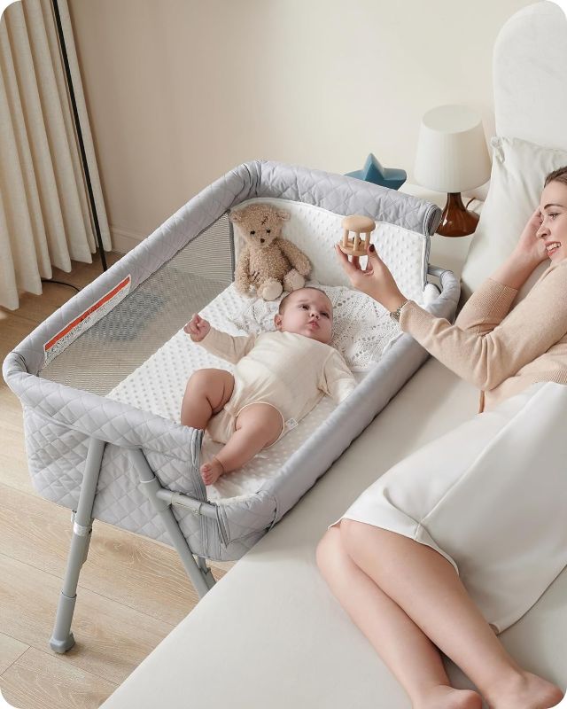 Photo 1 of Bassinet Bedside Sleeper, Baby Crib for Newborn, Baby Bassinets Bedside Sleeper with 4 Auto-Lock & Adjustable Height, Breathable Mesh & Mattress, Bedside Bassinet