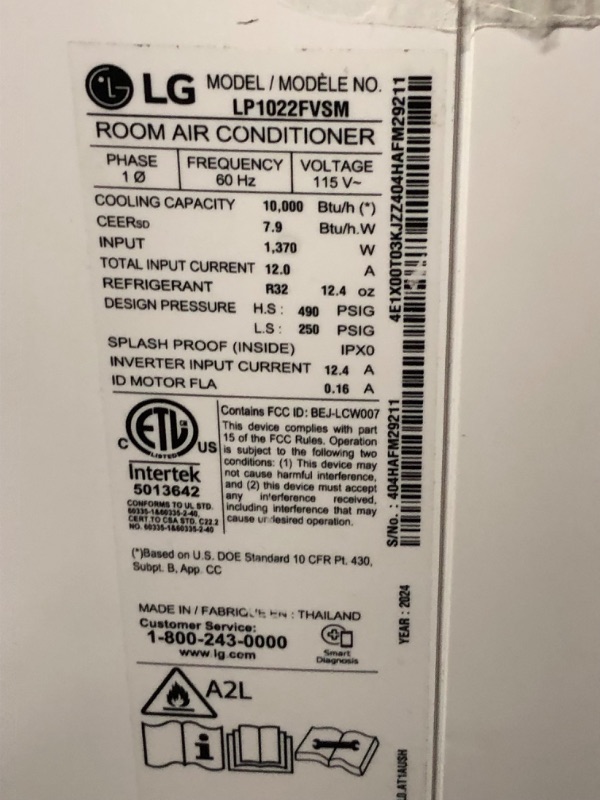 Photo 7 of ***DAMAGED - UNTESTED - SEE COMMENTS***
LG 10000 BTU SACC(14000 ASHRAE) Portable Air Conditioners with Dual Inverter Cools 450 Sqft Ultra Quiet & Easy Install WiFi App Medium & Large Room Air Conditioner AC Unit Home White LP1022FVSM