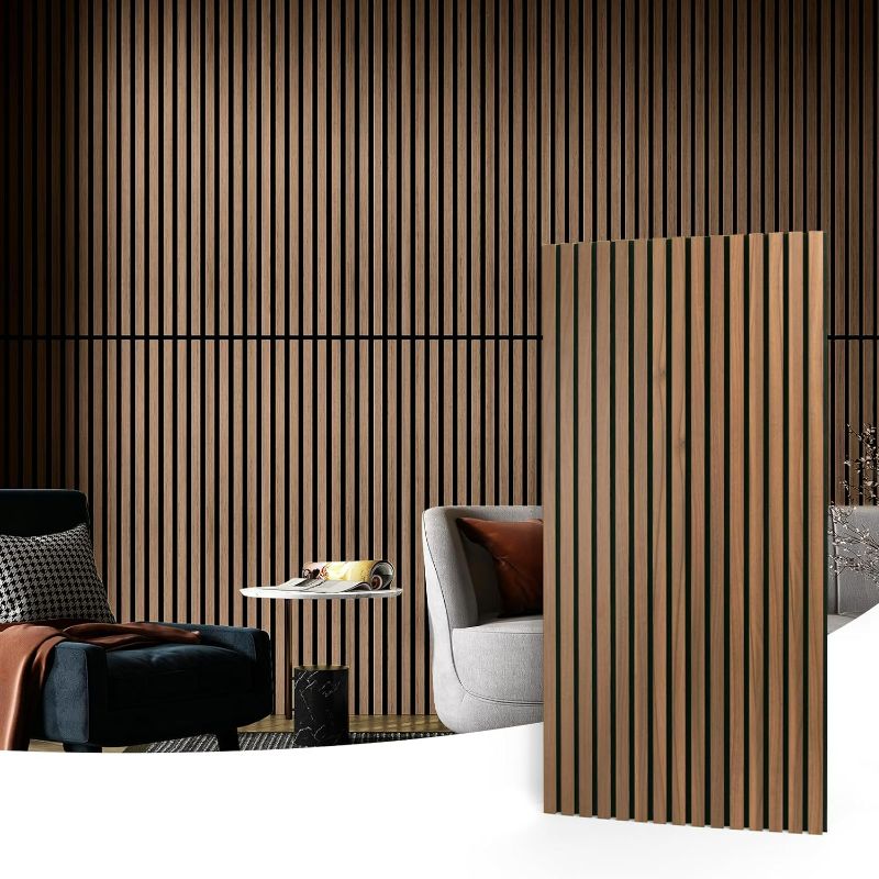 Photo 1 of Art3d 2 Wood Slat Acoustic Panels for Wall and Ceiling - 3D Fluted Sound Absorbing Panel with Wood Finish - Walnut
