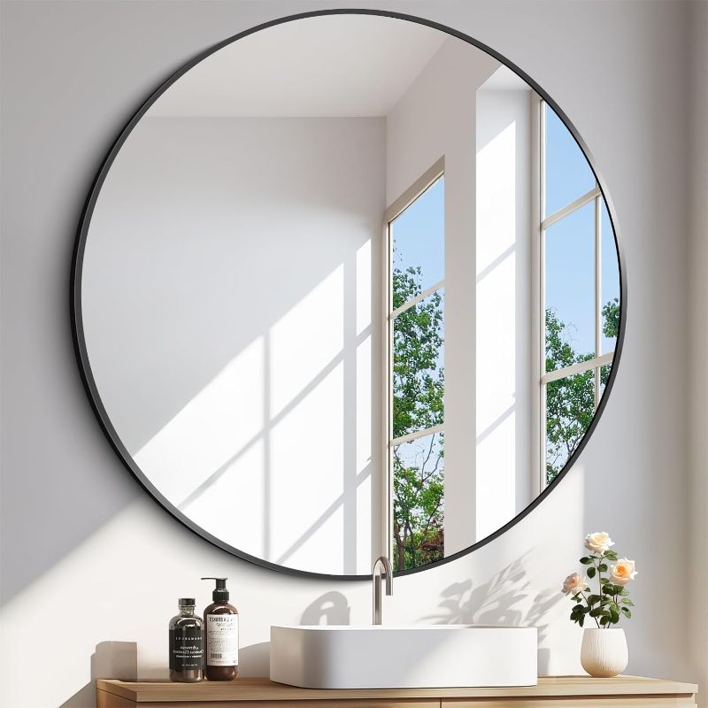 Photo 1 of **MINOR DAMAGE**READ NOTES**
Black Round Mirror 39 inch Large Circle Mirror, Aluminum Alloy Metal Frame Bathroom Mirror, Round Wall Mirror, Circle Mirrors for Wall Entryway Bedroom Living Room