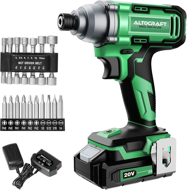 Photo 1 of 
ALTOCRAFT Cordless 1/4" Impact Driver 20V Max,Compact Power Hand Impact Drivers Set with 10pcs Drill Bits,14pcs Sockets,1060 In-Lbs Torque,Variable...