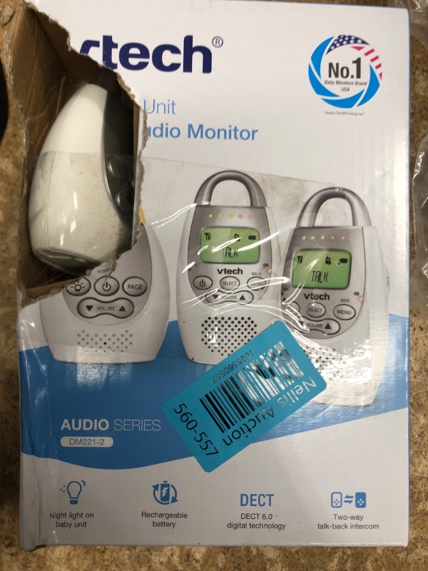 Photo 1 of ** USED ,**
VTech DM221-2 Audio Baby Monitor with up to 1,000 ft of Range, Vibrating Sound-Alert, Talk Back Intercom, Night Light Loop & Two Parent Units, White Monitor with Two Parent Units