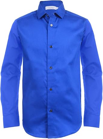 Photo 1 of Calvin Klein Boys' Long Sleeve Sateen Dress Shirt, Style with Buttoned Cuffs & Shirttail Hem - 16