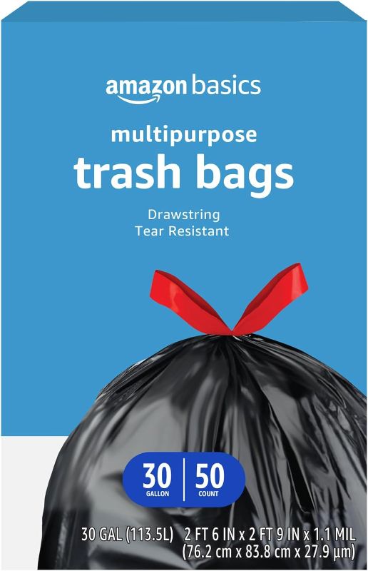 Photo 1 of Amazon Basics Multipurpose Drawstring Trash Bags, Unscented, 30 Gallon, 50 Count (Previously Solimo)
