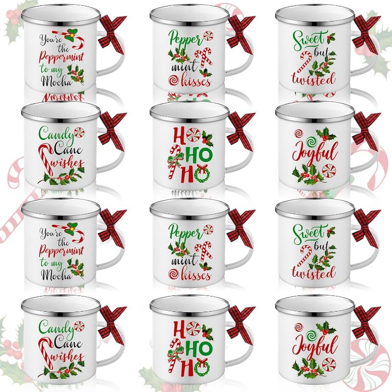 Photo 1 of *NOT CHRISTMAS THEME IMAGE JUST FOR REFERENCE** Shellwei 12 Pcs Mugs Coffee Mug Set Camping Coffee Mug Bulk 12 oz Metal Enamel Coffee Cups Travel Mugs Home Diner Birthday Wedding
