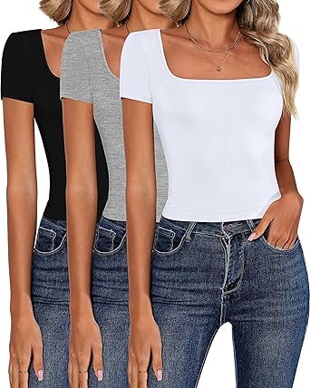 Photo 1 of 3 Pack Women's Short Sleeve Crop Tops, Square Neck Cropped Tops Tight Slim Fitted Crop Shirts Y2K Workout Basic Tees large