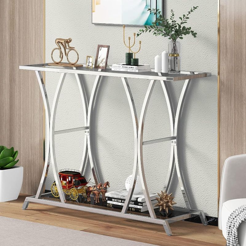 Photo 1 of 
ASYA 2-tier Glass Entryway Table, Console Tables for Entryway with Chrome Frame, Silver Glass Sofa Table for Entryway, Living Room, Chrome Finish
Color:Chrome Finish