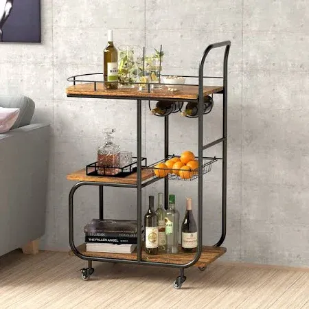 Photo 1 of  Creator 3 Tier Industrial Kitchen Rolling Serving Cart Walnut Brown + Black